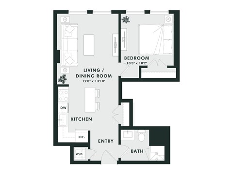 A floor plan of a small apartment with a bedroom, living room, kitchen, bathroom, and entry.